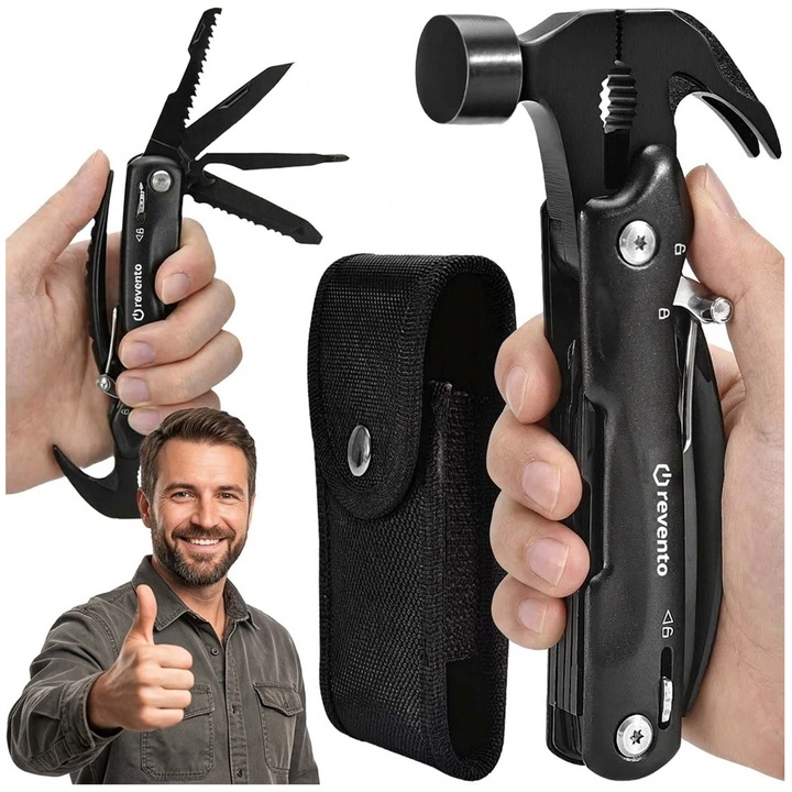 Multitool Revento H2, Cleste Multifunctional 12 in 1, Otel Inoxidabil, Sistem de Blocare de Siguranta, Husa Nailon, Negru