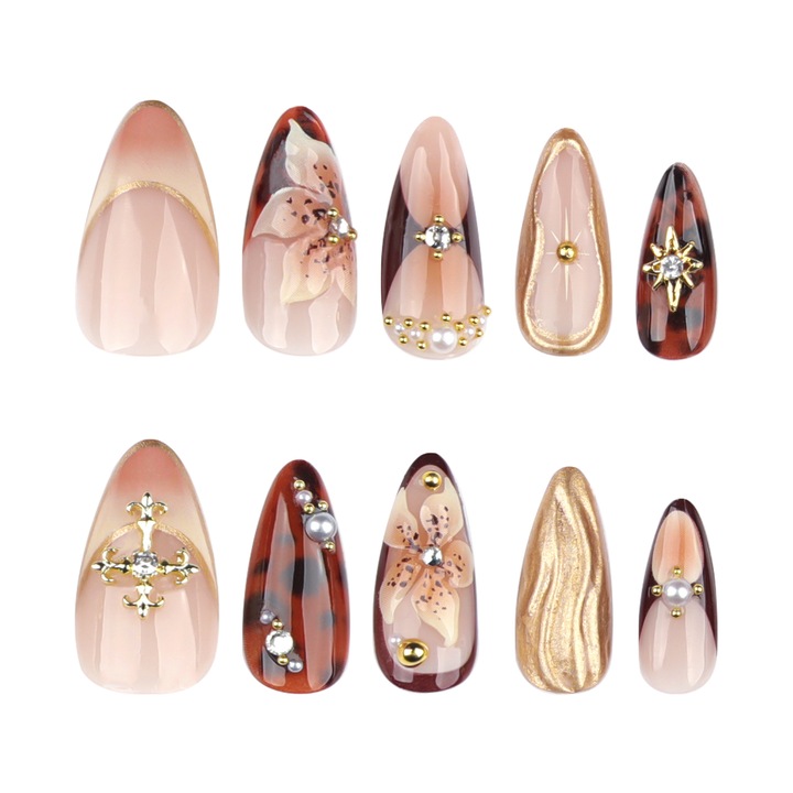 Set 24 unghii false presate JOSQUEWNN, form migdalat, design floral 3D, cu diamante, cu kit de lipici