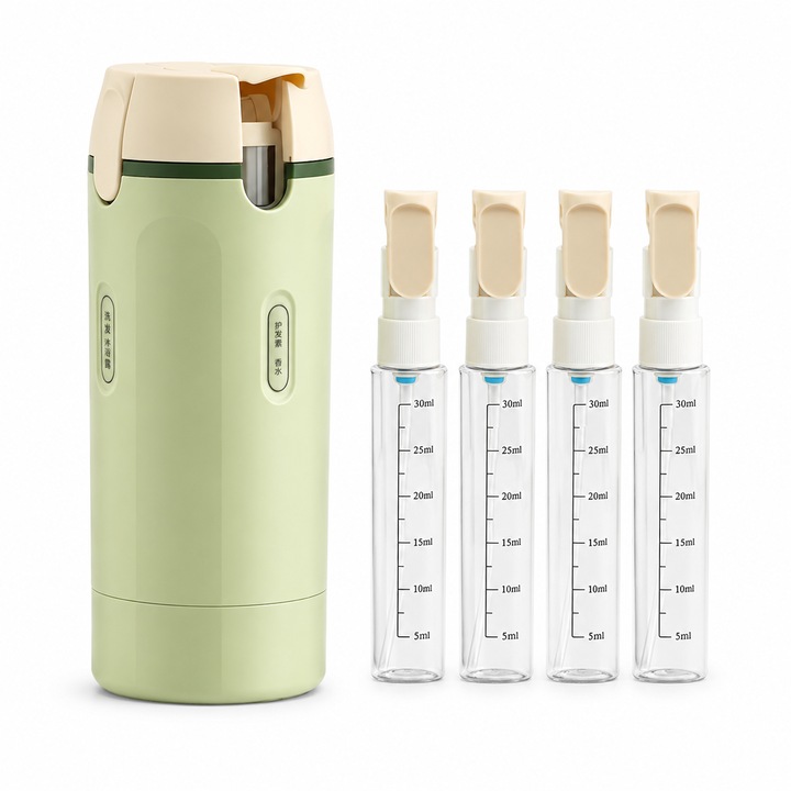 Set 4 recipiente cosmetice de calatorie, 30 ml, sticlute reincarcabile cu dozator, pentru sampon, gel de dus, lotiune si parfum, verde