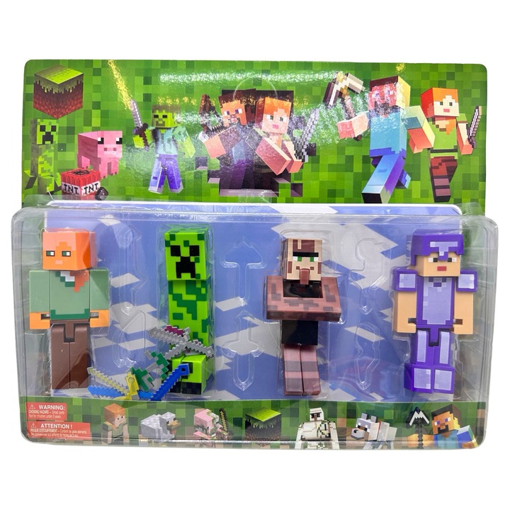 4 darab 12 cm-es Minecraft Creeper figura szett fegyverekkel és szerszámokkal