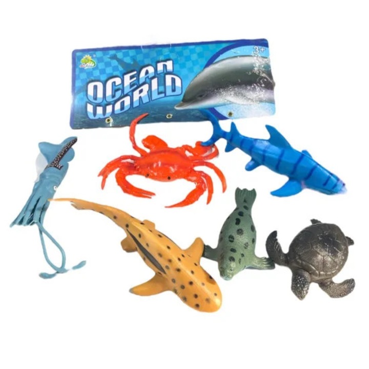 Set 6 Figurine Animale Marine Ocean World, Stuniko® Cauciuc Moale, Incluzand Rechin, Crab, Broasca Testoasa si Calmar, 10-18 cm, Multicolor, 3 Ani+