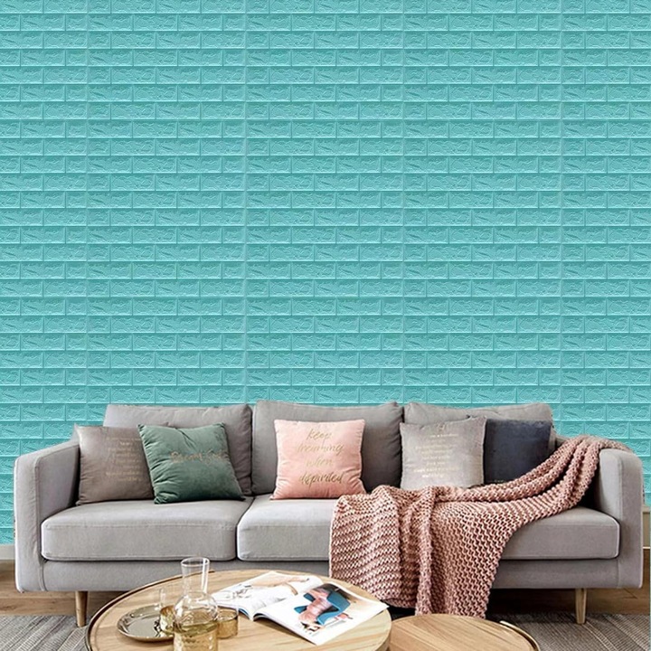3D tapéta, türkiz tégla mintás, öntapadós, beltéri, 70 x 77 cm