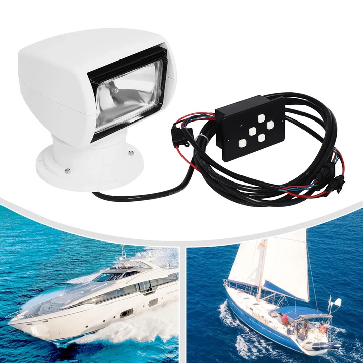 Proiector marin de cautare, Cu telecomanda, 100 W, 12 V DC, 2500 lm, Rezistent la apa, Rotatie 360°, Pentru barca/camion/auto, Alb