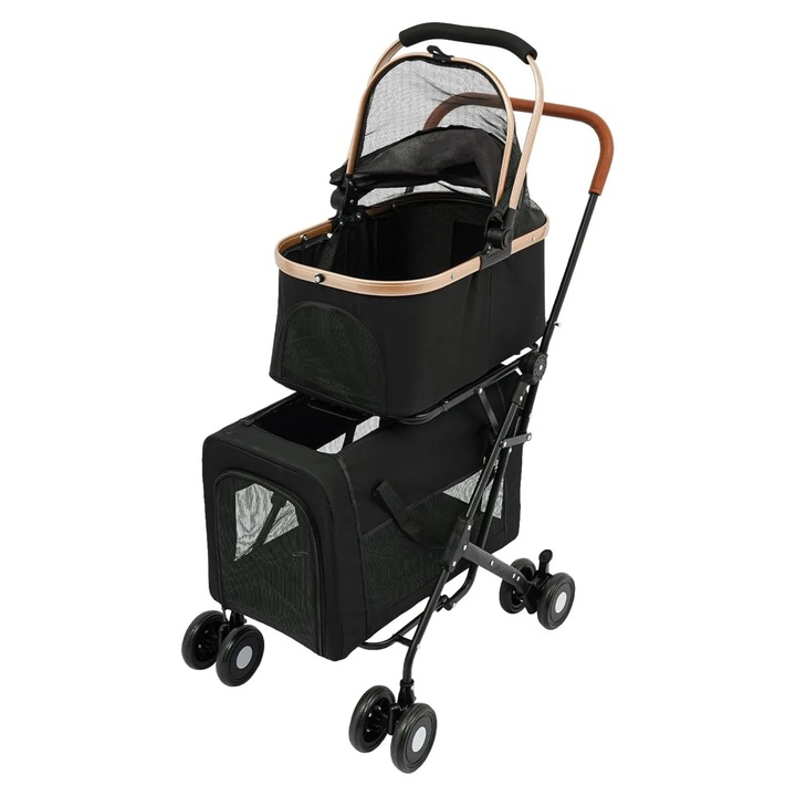 Carucior pentru animale de companie 3‑in‑1, Carucior caini si pisici, Pliabil, Cos detasabil, Maner reglabil, Roti fata pivotante 360°, Pentru talie mica si medie