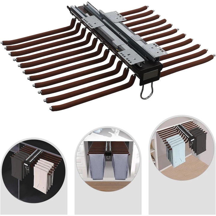 Umeras pantaloni, Suport culisant pentru pantaloni, 22 bare, Extensibil, Antiderapant, Economisire spatiu dulap, ABS impermeabil, Maro