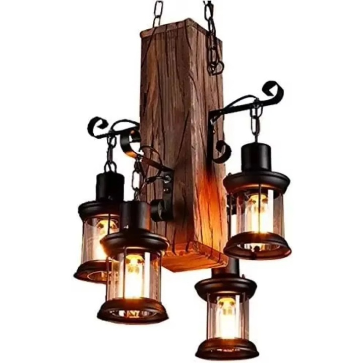 Lustra, Pendul cu 4 becuri, Vintage industrial loft, Soclu E27, Prindere pe lant, 220 V AC, Otel inoxidabil, Becurile nu sunt incluse, Negru