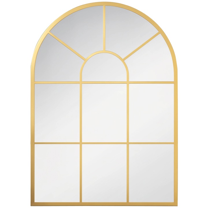 Oglinda de Perete Decorativa, Oglinda Tip Fereastra, Dreptunghiulara, Cadru Metalic, Montaj pe Perete, 50x2x70 cm, Auriu