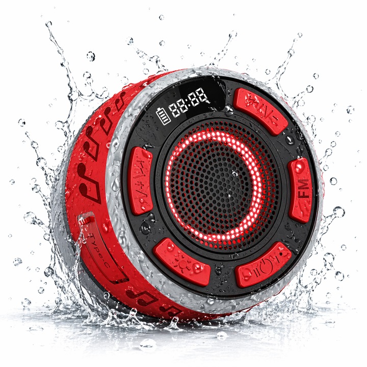 Boxa Portabila Wireless, Bluetooth 5.1, TWS, Waterproof IPX7, Bass Puternic, Stereo, Sunet 360, Autonomie 10h, Acumulator 1100 mAh, Rezistent la Apa, Lumini RGB, Type-C, Speaker Radio FM, Rosu