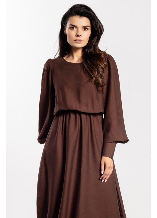 Rochie midi, Awama, rayon natural, maneci lungi cu mansete, talie elastica, decolteu barca, confortabila, ideala pentru toamna-iarna, Bronz