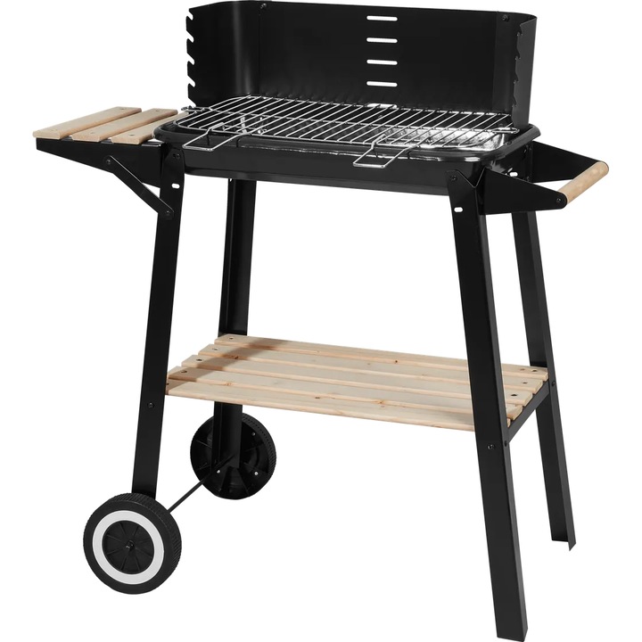 GRILLMEISTER mobil faszenes grill kerekekkel, oldalsó asztallal és szélfogóval, felület 48,5×28,5 cm