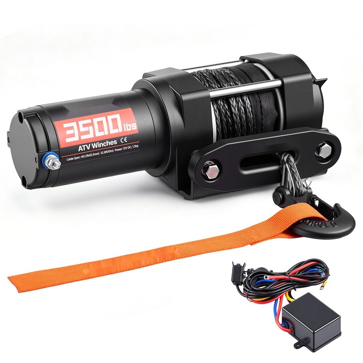 Troliu electric, 12V pentru ATV/UTV, Forta de tractiune 1587 kg, Franghie sintetica 5, 5 mm x 10 m, Telecomanda, IP55 rezistent la apa, Ghidaj si placa de montaj din aluminiu, Negru