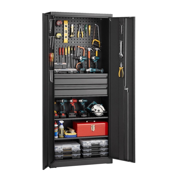 Dulap metalic de depozitare pentru unelte, Dulap de garaj, Inaltime 180 cm, Sarcina pe raft 81, 5 kg, Usi cu incuietoare (2), Rafturi ajustabile, Sertare (2), Panou perforat