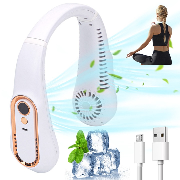 Juksun nyakventilátor, 5 sebességfokozat, 1200mAh akkumulátor, fehér, 17x6x17cm