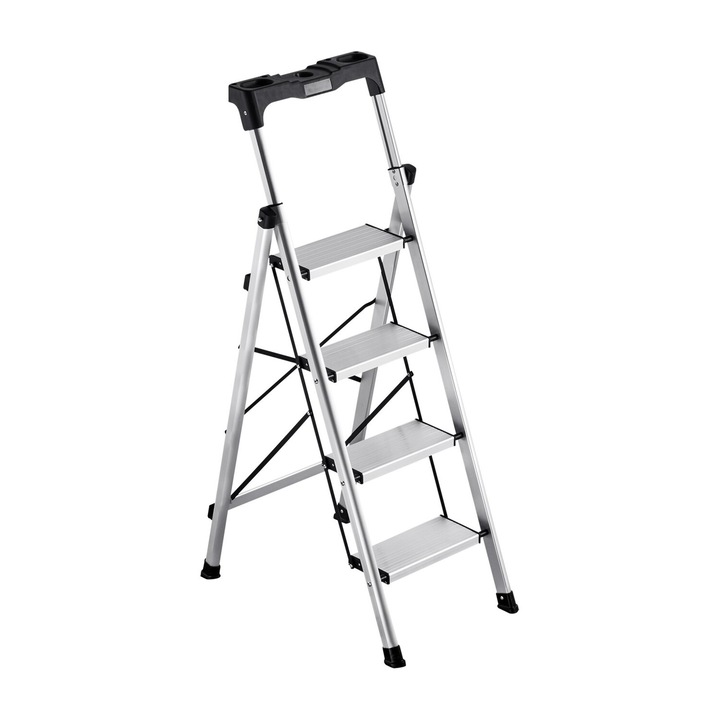 Scara de lucru pliabila VEVOR, 4 trepte, capacitate 150 kg, aluminiu, culoare argintie, dimensiuni extinse 480x680x1270 mm