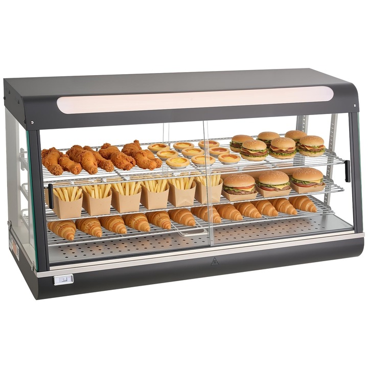 VEVOR kereskedelmi élelmiszer melegítő vitrin, 3 szintes, 1600W, 190Qt kapacitás, 1200x480x640mm méretek, LED világítás, fekete
