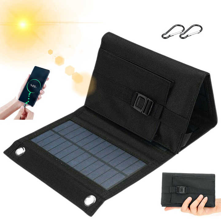 Hordozható napelem 10W, USB 5V 2A, IP65 vízálló, 49x19cm, kempingezéshez, túrázáshoz, kerékpárhoz