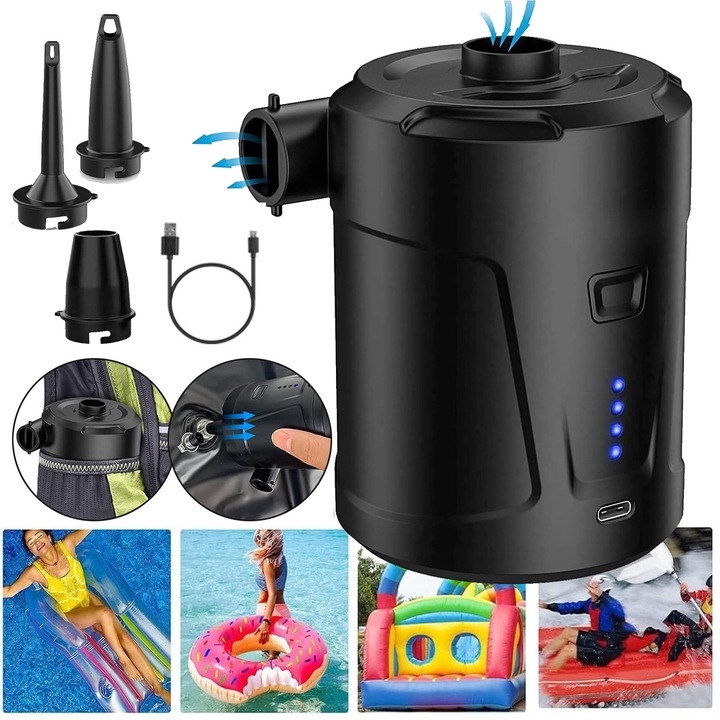 Pompa De Aer Electrica Reincarcabila, Pompa De Aer Portabila De 5200 mAh Cu Umflare/Dezumflare Rapida, Mini Pompa De Vid Portabila 2 In 1 Cu 3 Duze Pentru Piscina, Saltea Gonflabila, Barca Gonflabila