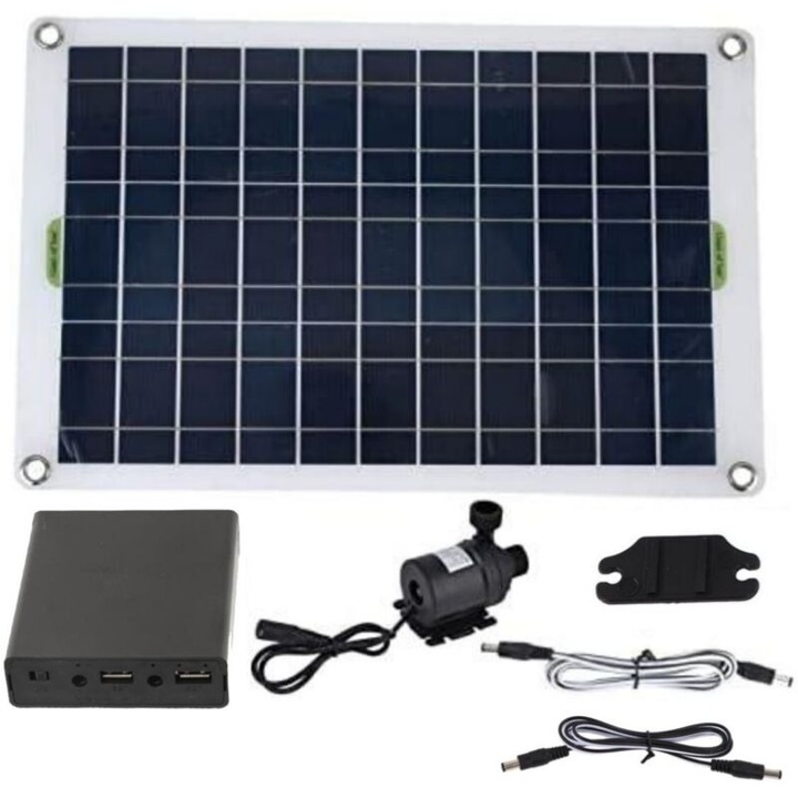 Pompa solara pentru iaz si gradina 20W 12V, panou monocristalin 20W, debit maxim 800 L/h, negru/alb, 1 set