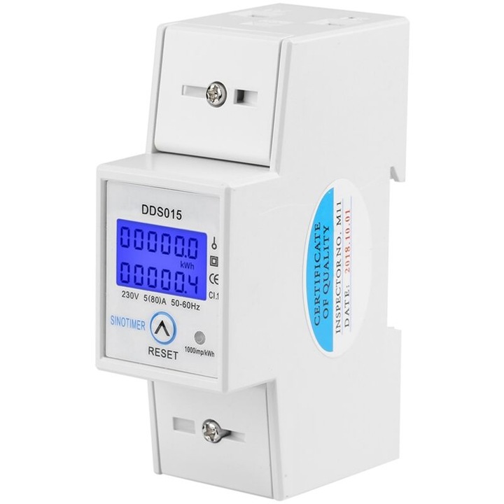 DDS015 digitális energiamérő, 5-80A, 230V, háttérvilágítású LCD kijelző, DIN sínre szerelhető 35mm, fehér