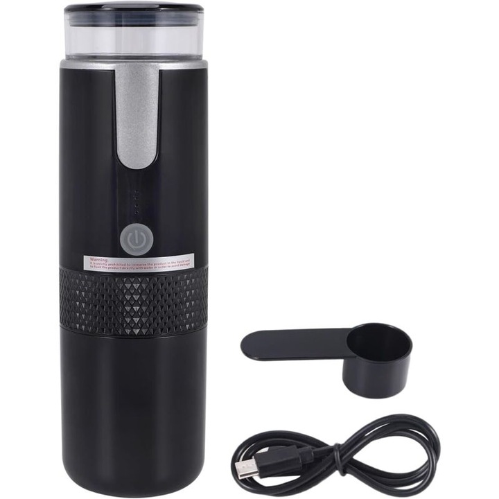 Hordozható kávéfőző, kézi eszpresszógép K-Cup és őrölt kávé kompatibilis, újratölthető 18650 1200mAh akkumulátorral, fekete, 1 db