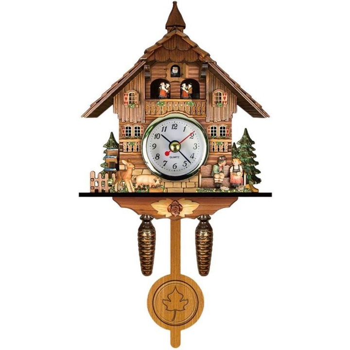Ceas de perete cu cuc din lemn antic, design retro, 129x231x55mm, decoratiune interioara