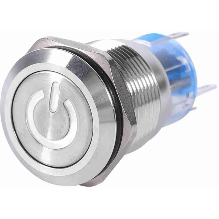 Intrerupator cu buton LED, 19mm, inox, auto-blocare, impermeabil, 12V-24V, dimensiuni 2.1x3.9cm