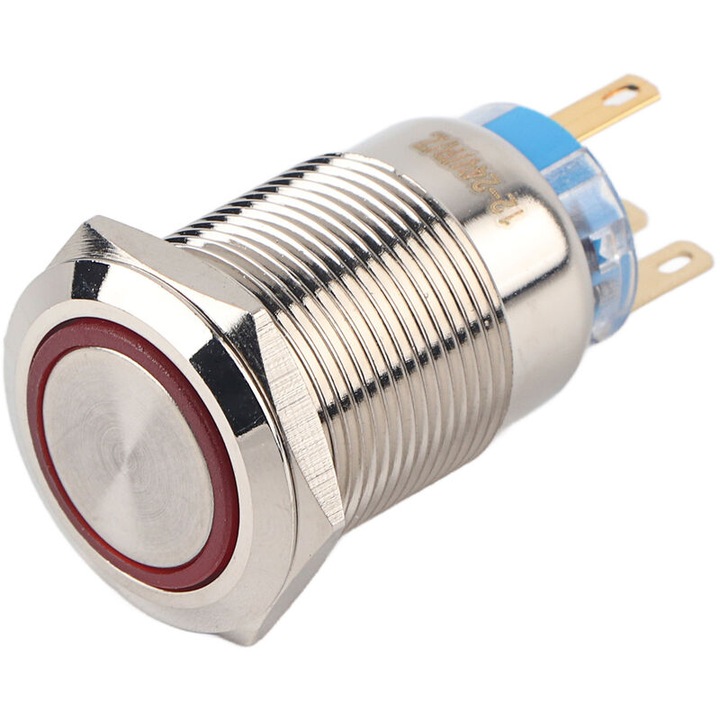 Intrerupator LED din otel inoxidabil, auto-blocare, impermeabil, 19mm, 12-24V, culoare argintie
