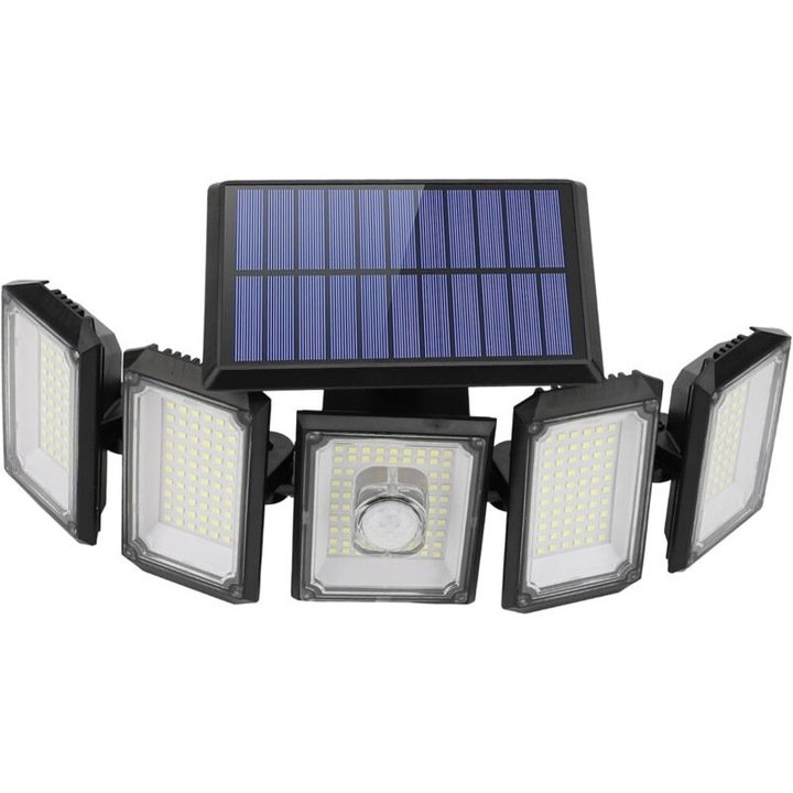 Lampa solara de exterior cu 5 capete, 300 LED-uri, iluminare cu unghi larg, rezistenta la apa IP65, control de la distanta, set de 1 buc.