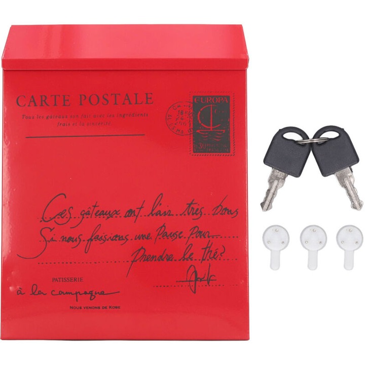 Fali postaláda, rusztikus stílusú, zárral, 2 kulccsal, 3 kampóval, piros, 609g