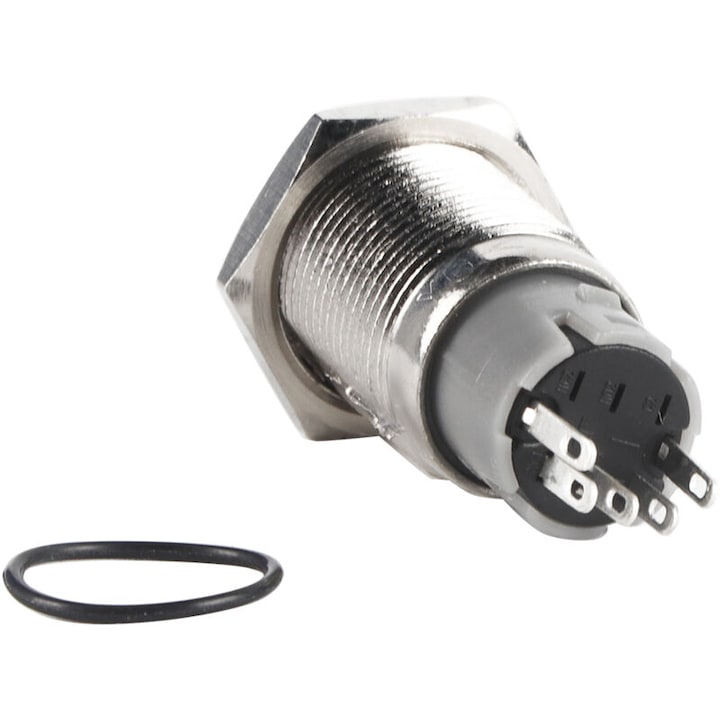 Fém LED kapcsoló 16mm 12V, reteszelő típusú, 1NO1NC, 3A/250VAC, könnyű szerelés