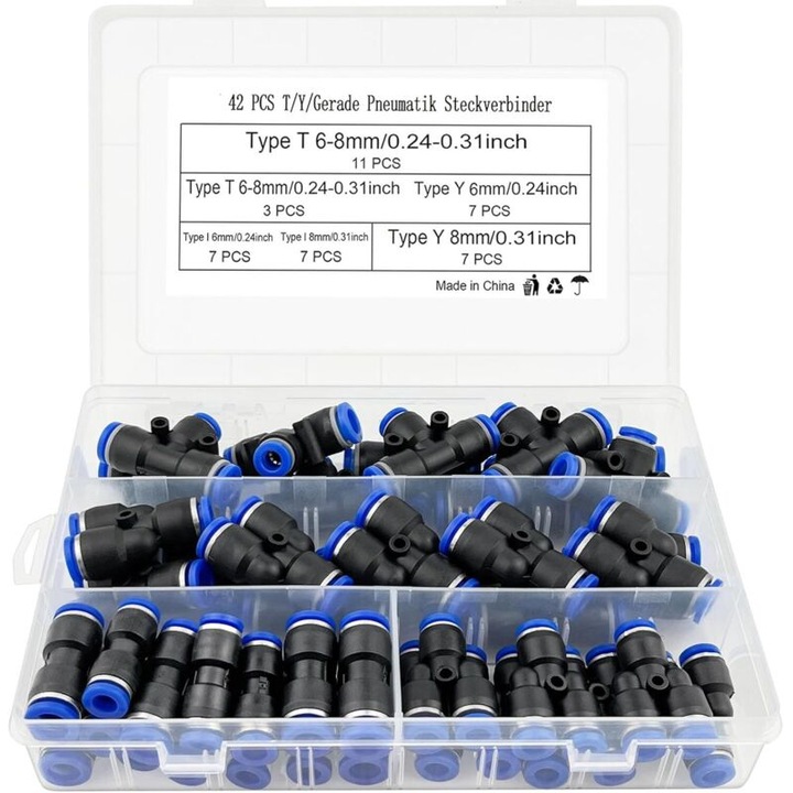 Set 42 fitinguri pneumatice T/Y/I, tip drept, conectare rapida, 6mm/8mm, cu cutie