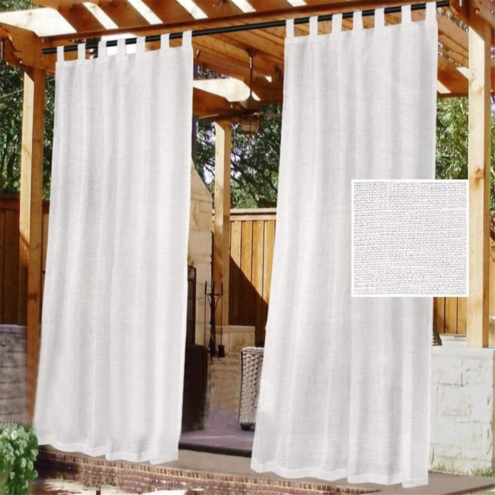 Kültéri függöny, félig átlátszó, vízálló, 7 füllel és tépőzáras rögzítéssel, fehér, 2 x 132x213 cm