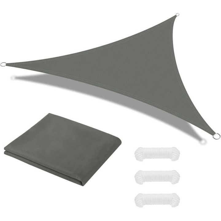 Panza de umbrire triunghiulara 6x6x6m, rezistenta la apa si UV, gri, set cu 3 corzi