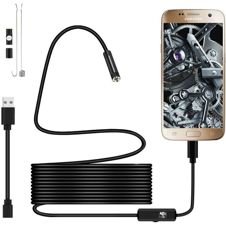 USB endoszkóp kamera 720p, félmerev kábel 2m, IP67 vízálló kamerafej, 6 állítható LED, komplett készlet
