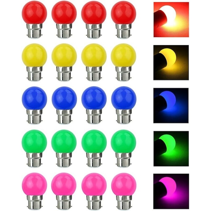 Комплект от 20 LED крушки B22 3W, еквивалент на 30W, 240 лумена, многоцветни, 45x70мм