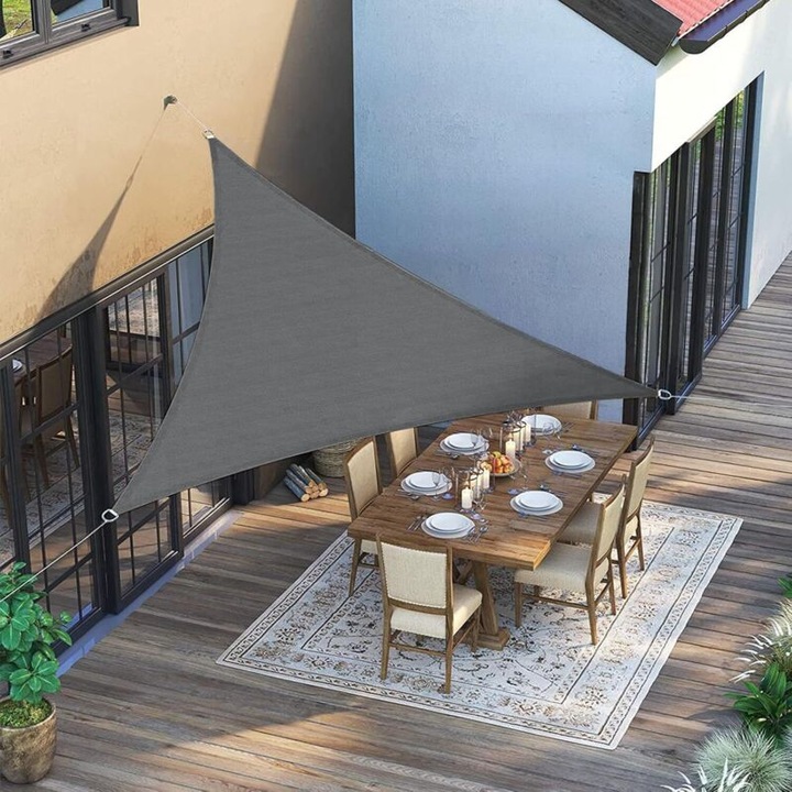 Umbra triangulara 3x3x3m din HDPE, tesatura respirabila, protectie UV, gri antracit, set cu 4 sfori