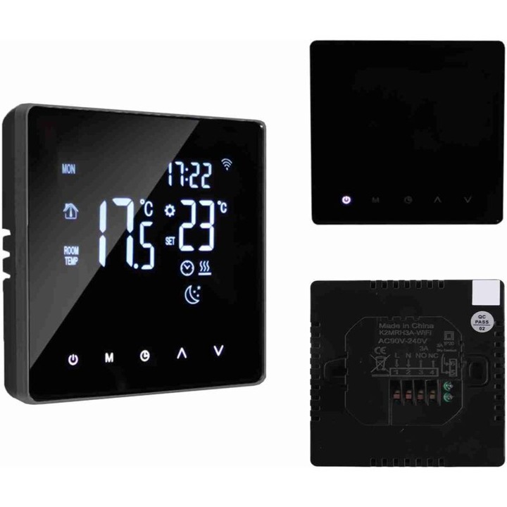 Интелигентен термостат с осветен LCD екран, седмично програмиране, черен, 3200W, 86x86x40mm