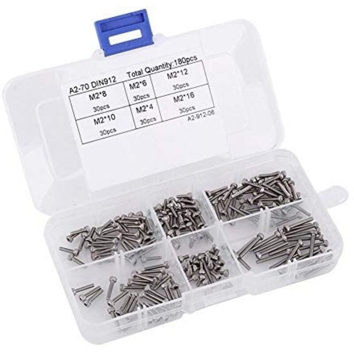 Set de suruburi cu cap hexagonal M2 din otel inoxidabil 304, 180 bucati, dimensiuni 4x6x8x10x12x16mm, culoare neagra