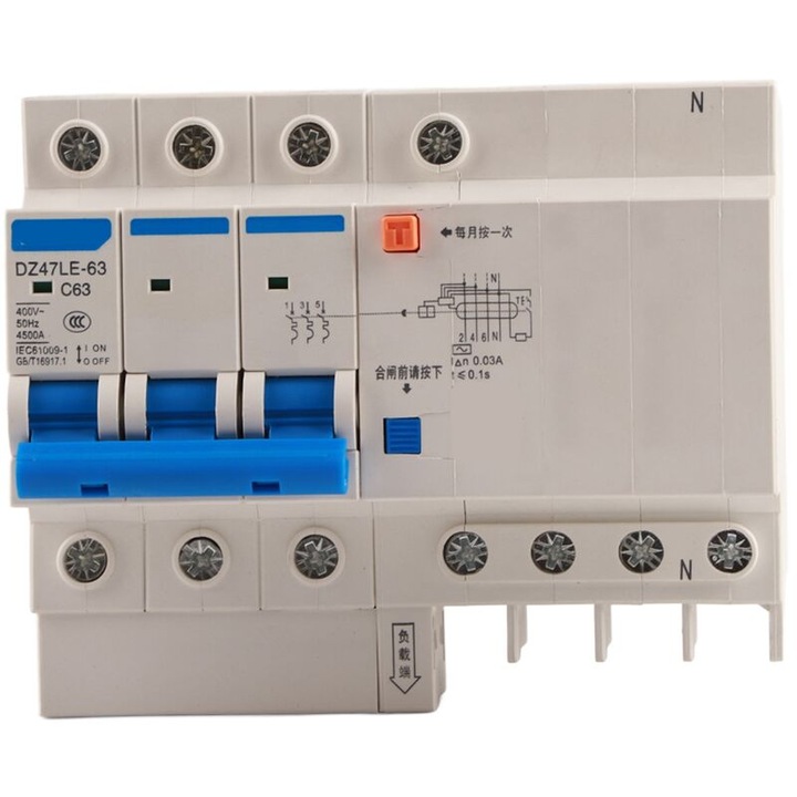 Дефектнотокови прекъсвачи DZ47LE-63, 3P+N, 63A, 30mA, 230V, комплект 1 бр
