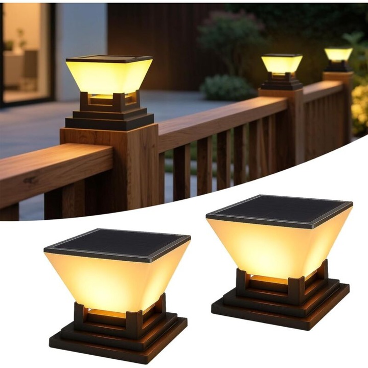 Set de 2 Capace Solare pentru Stalpi 10x10cm - IP65 Rezistent la Apa - 10-12 Ore - 3 Moduri - Lumina Solara pentru Gradina