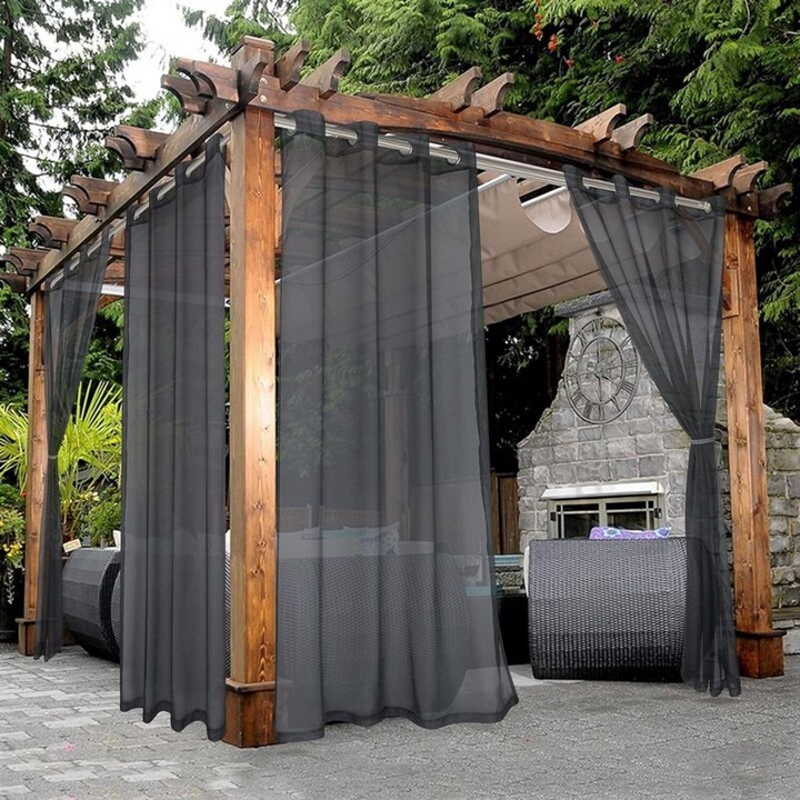 Perdea transparenta impermeabila pentru terasa, 137x213cm, gri, set de 1 panou cu inele antirugina