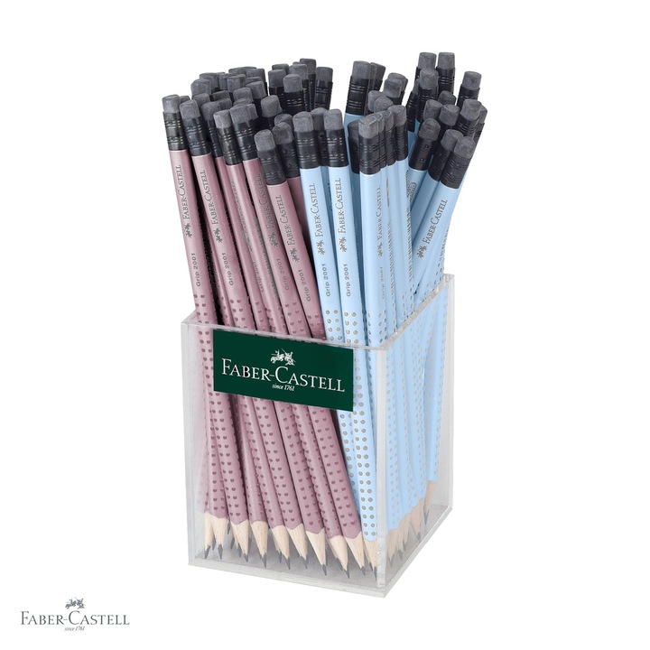 Set 72 creioane grafit Faber-Castell Grip 2001 HB cu guma, forma ergonomica triunghiulara, roz si albastru