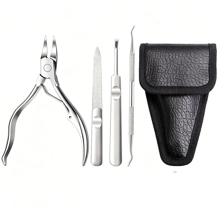Set Profesional Pedichiura, 4 instrumente, cleste pentru taiat unghii incarnate, pila, spatula cuticule, inox, argintiu