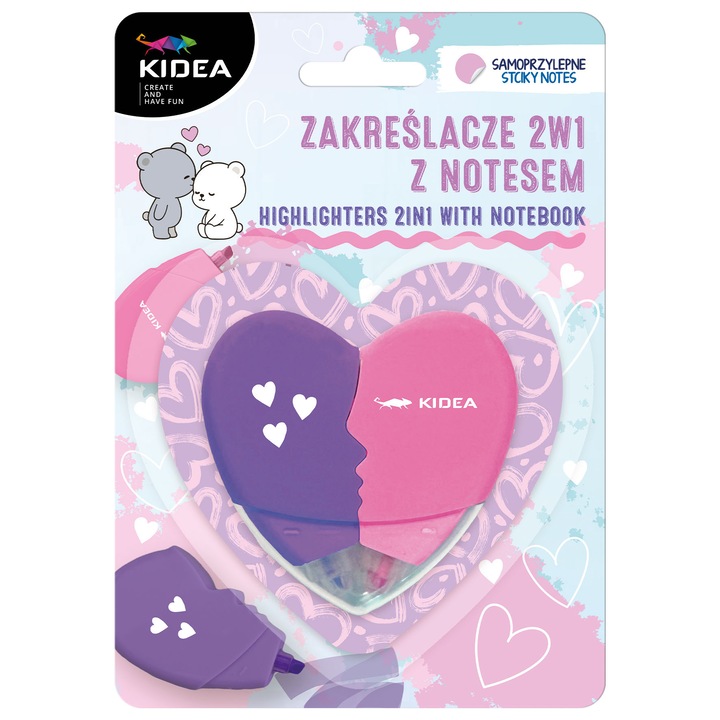 2 darab szív alakú Kidea jelölő filctoll jegyzettömbbel, többszínű