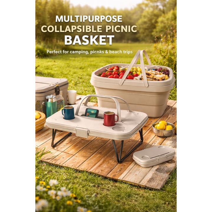 Cos picnic pliabil 3 in 1, pentru 2 persoane, masa, impermiabil, recipient 15l, 47x30x14cm