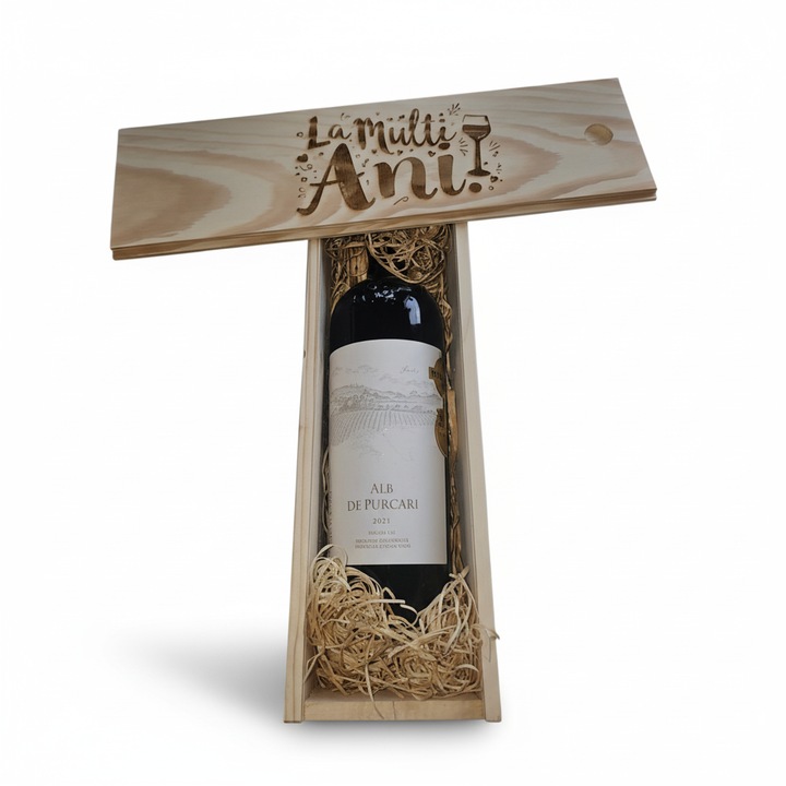 Pachet Cadou Vin Alb De Purcari 13% in Cutie de Lemn Personalzata, 0.75L