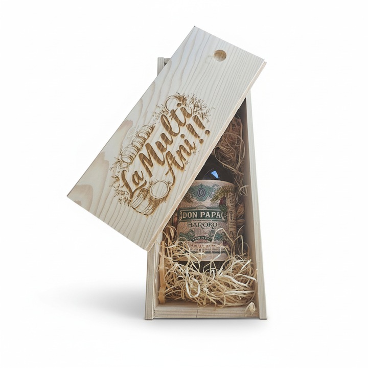 Pachet Cadou Rom Don Papa Baroko Eco Canister 40% in Cutie de Lemn Personalizata, 0.7L