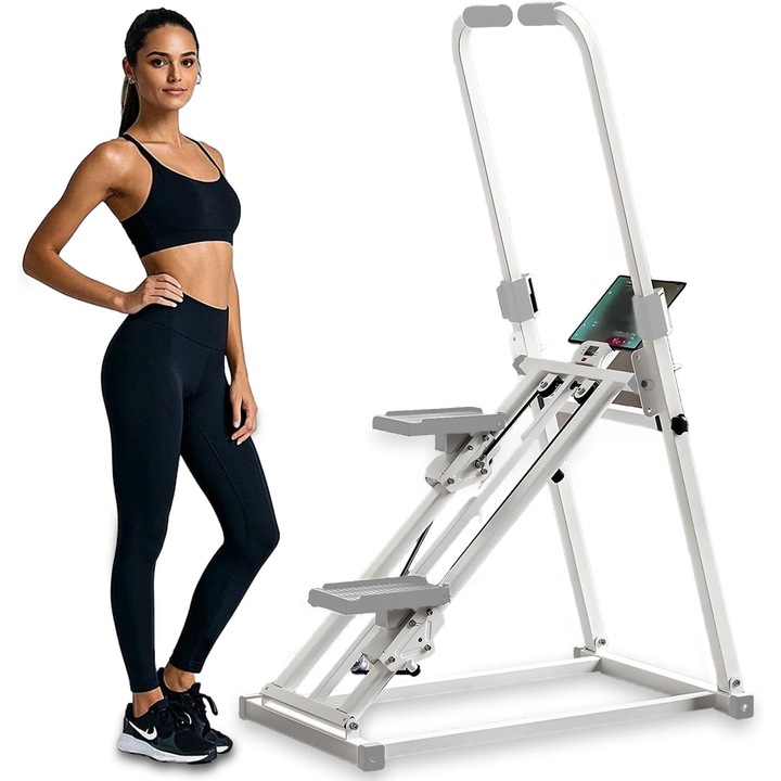 Stepper kormánnyal, LCD monitorral, SANSES, acél/ABS, állítható intenzitás, állítható dőlésszög, összecsukható, állítható kormány, 300 kg terhelhetőség, 80 x 51 x 116 cm, fehér/világosszürke