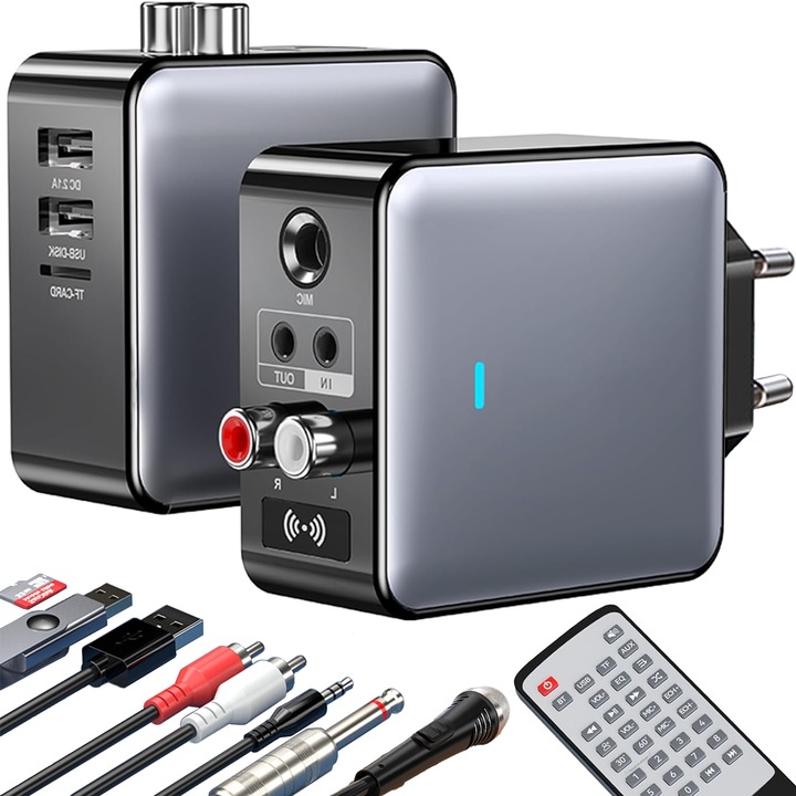 Adaptor Bluetooth Receptor, SANSES, Audio 3 in 1, Bluetooth 5.3, Port Audio de 3.5 mm, Transmitator si Receptor TX/RX, Functie de Incarcare Rapida DC2.1A, Telecomanda, Suport Microfon, Slot Card de Memorie si Stick USB, 100-240 V, Gri