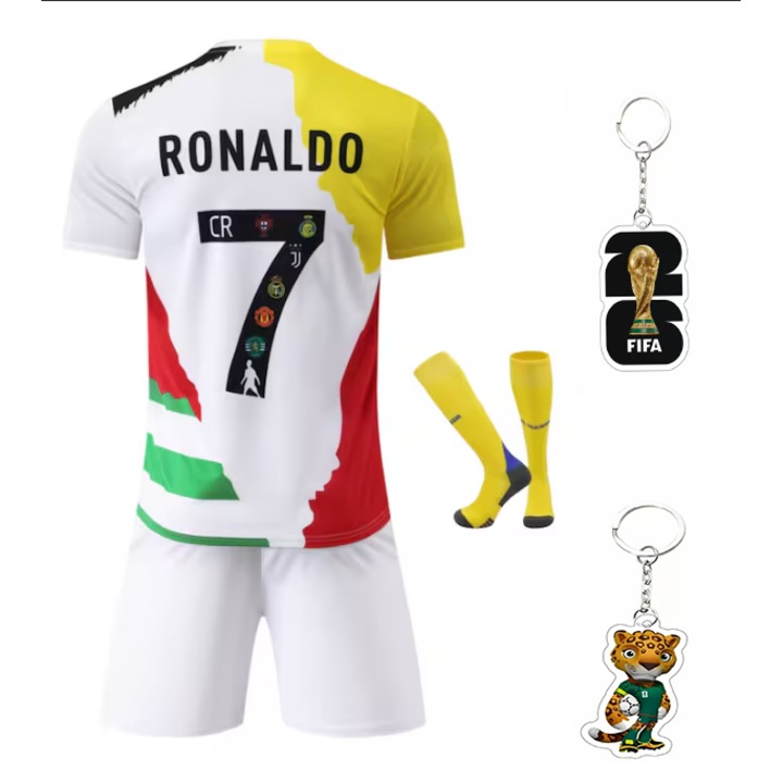 Set echipamente fotbal copii Real Madrid No. 7 Ronaldo, Omelivon, tricou, pantaloni scurti, sosete, multicolor, 140-150 cm